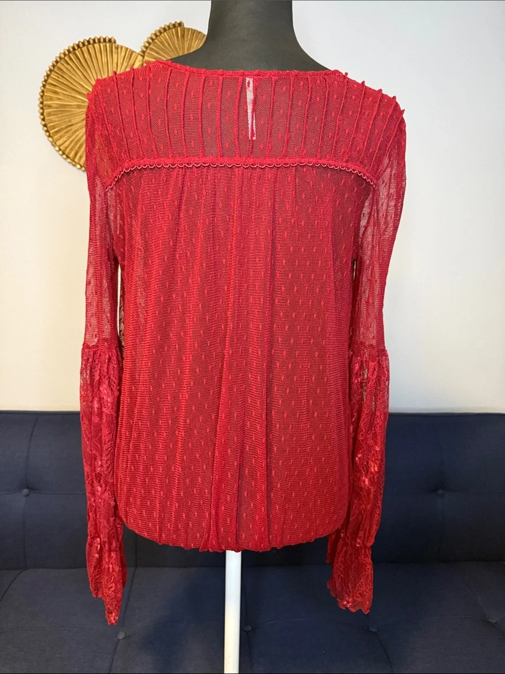 FP Womens Sheer Burgundy Red Lace Blouse Bow tie layered V-Neck Long Bell Sleeve